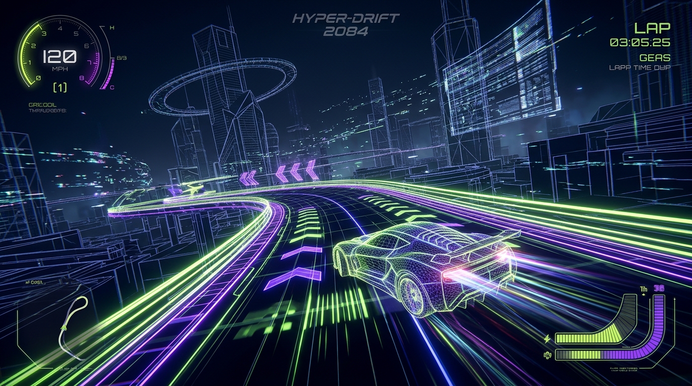 Futuristic neon wireframe arcade driving game screen with HUD display