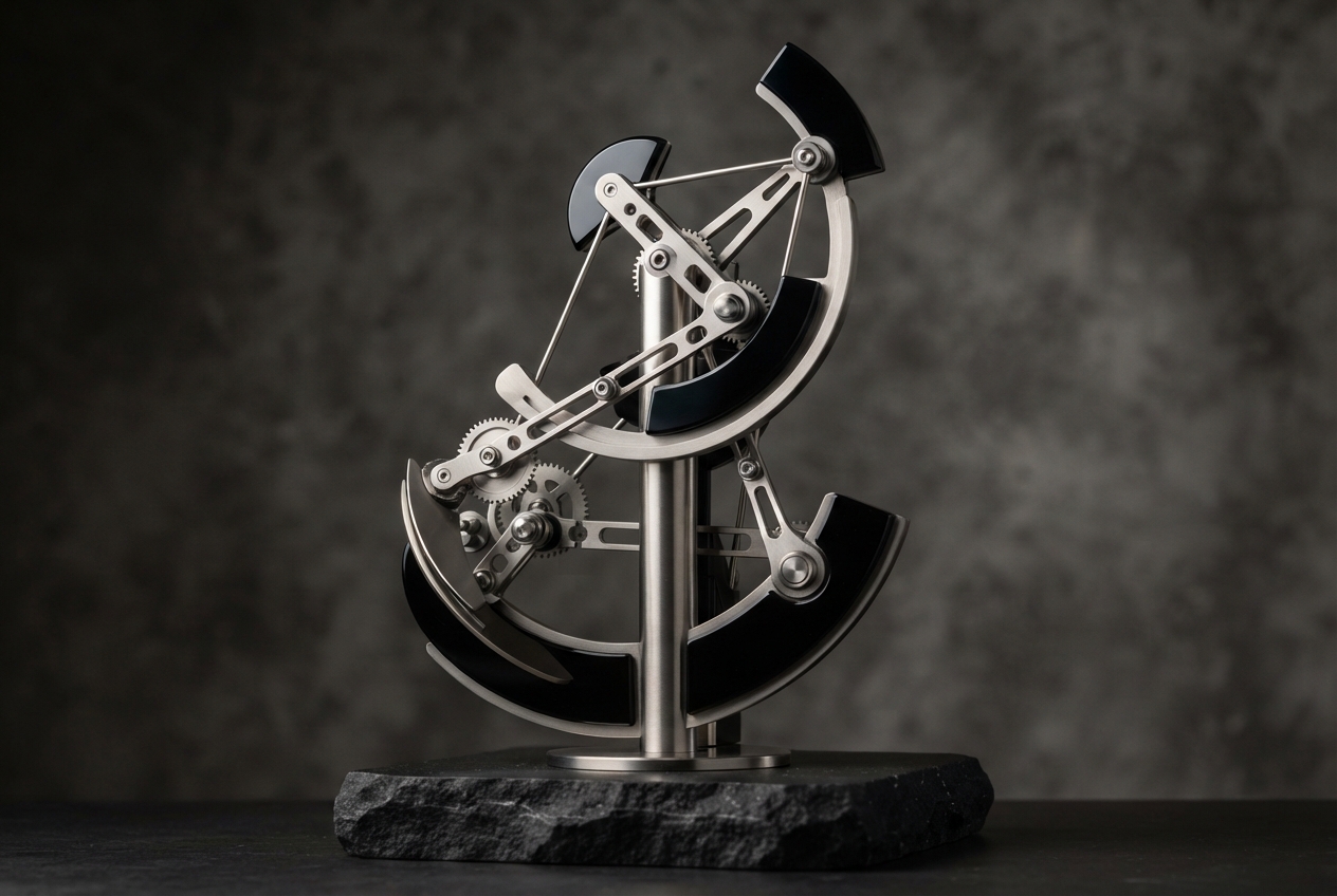 Intricate kinetic mechanical chronometer sculpture on basalt pedestal