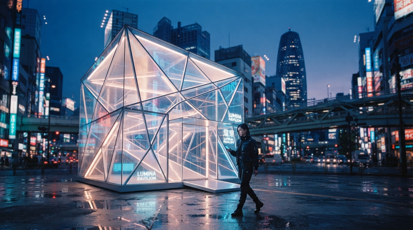 Neo-Tokyo holographic glass pavilion illuminated at twilight